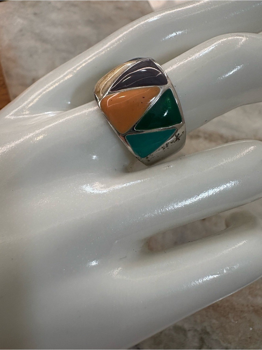 Multicolor Geometric Inlay Ring Green, Orange, Cream, Blue, Purple – Size 8.5