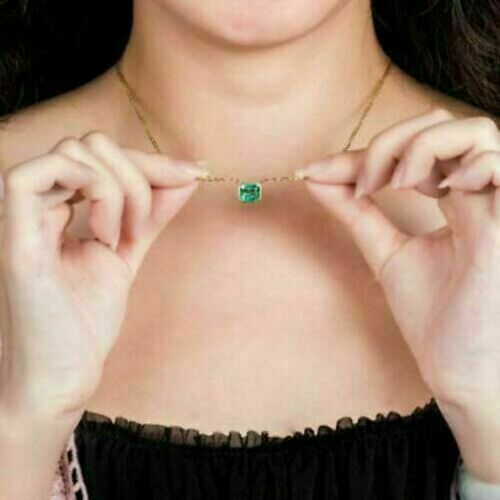 2.00Ct Emerald Cut Lab Created Emerald Pendant 14K Yellow Gold Plated Free Chain