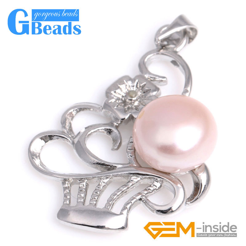 White Gold Plated Basket Shape Freshwater Pearl Pendant Free Shipping 10-11mm