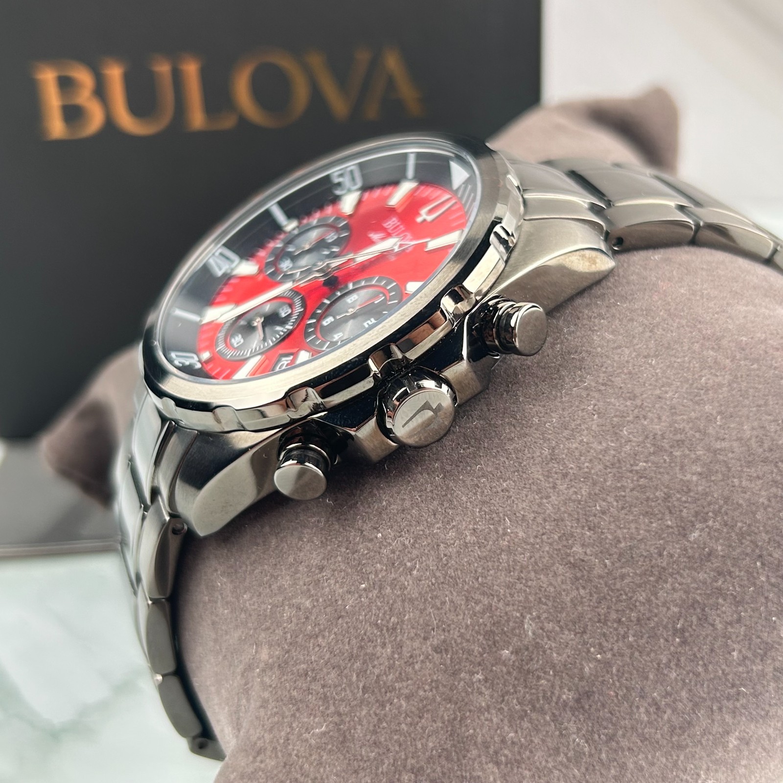 Bulova Marine Star 98B350 Red Dial Gray Band Chronograph Men’s Quartz Watch 43MM