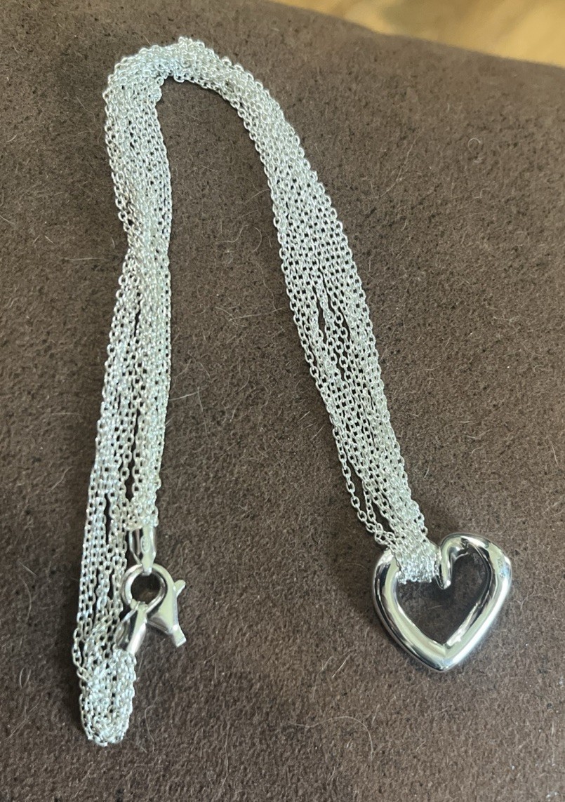 925 Sterling Silver Mesh Chain Necklace 18in Open Heart Charm Pendant Signed
