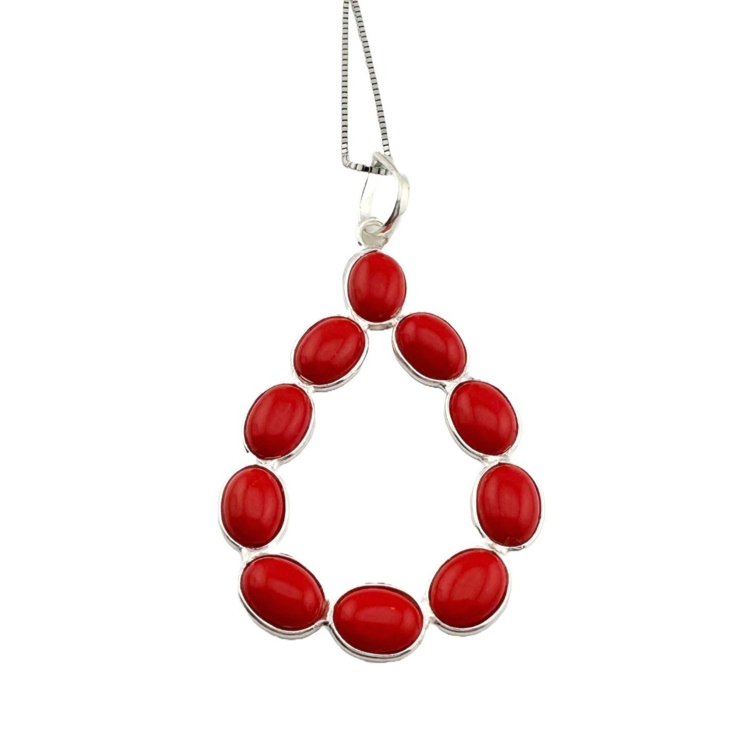 Modern 8.5 ct Red Coral Bold Teardrop Pendant – 24″ Sterling Silver Chain