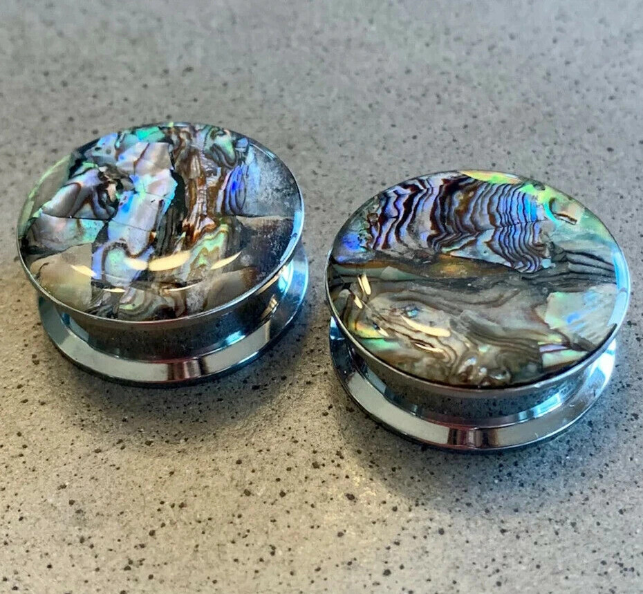 PAIR Abalone Inlay Steel Screw Fit Plugs Tunnels Earlets Gauges Body Jewelry