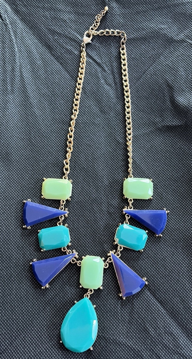 Gold Tone Rhinestone Statement Bib Necklace, Blue Green Teardrop