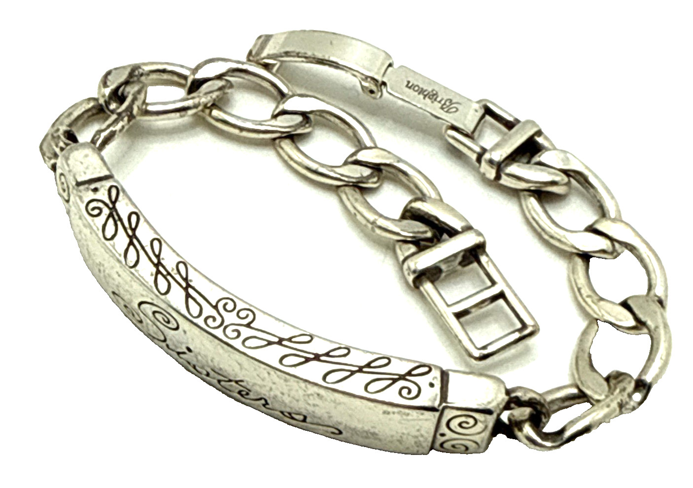 Brighton Sisters ID Bracelet Silver Plated Retired 7″ Heart Scroll Signed