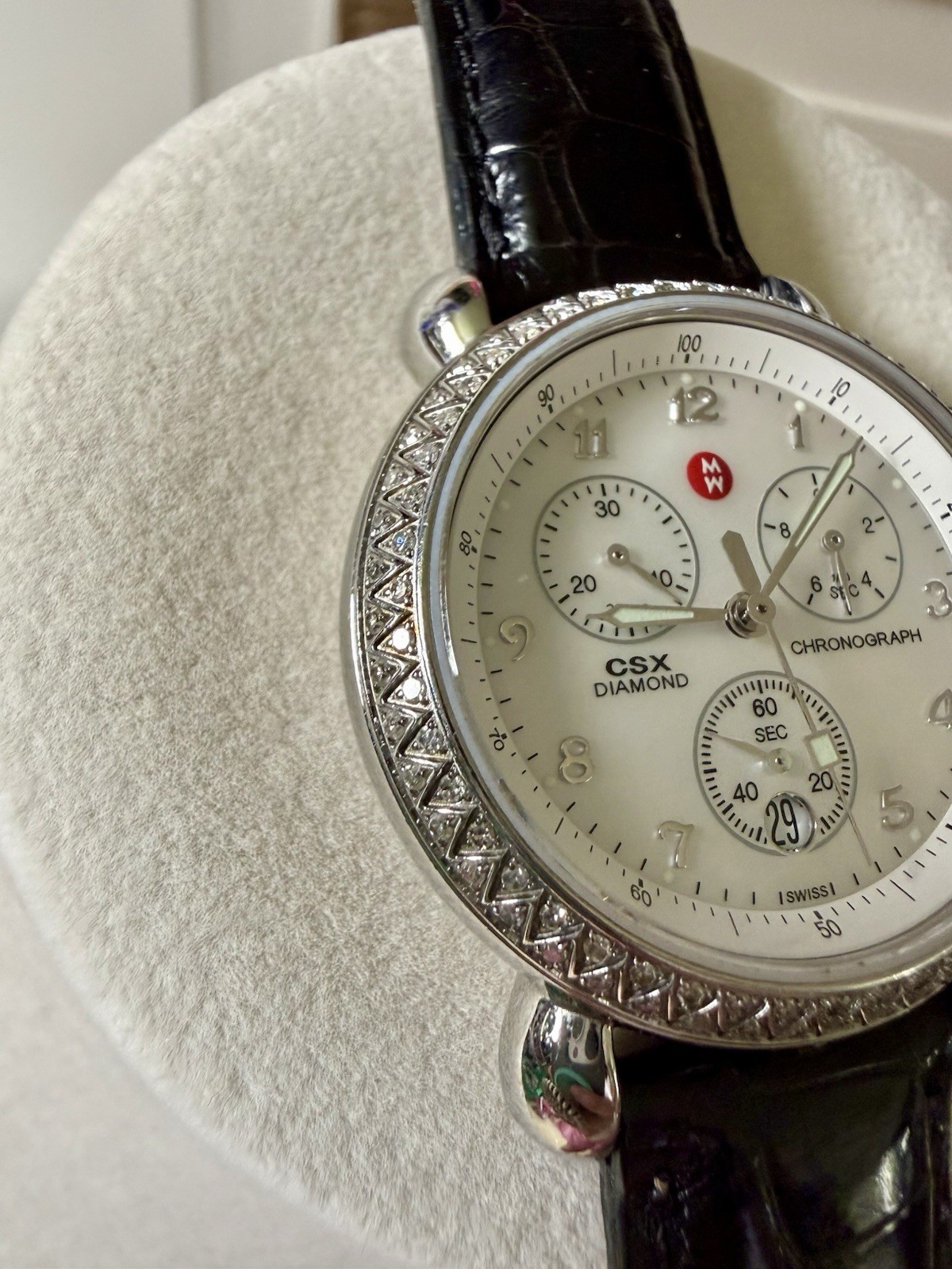 Michele CSX Diamond Chronograph Date White Dial 33mm Black Leather 5 ATM