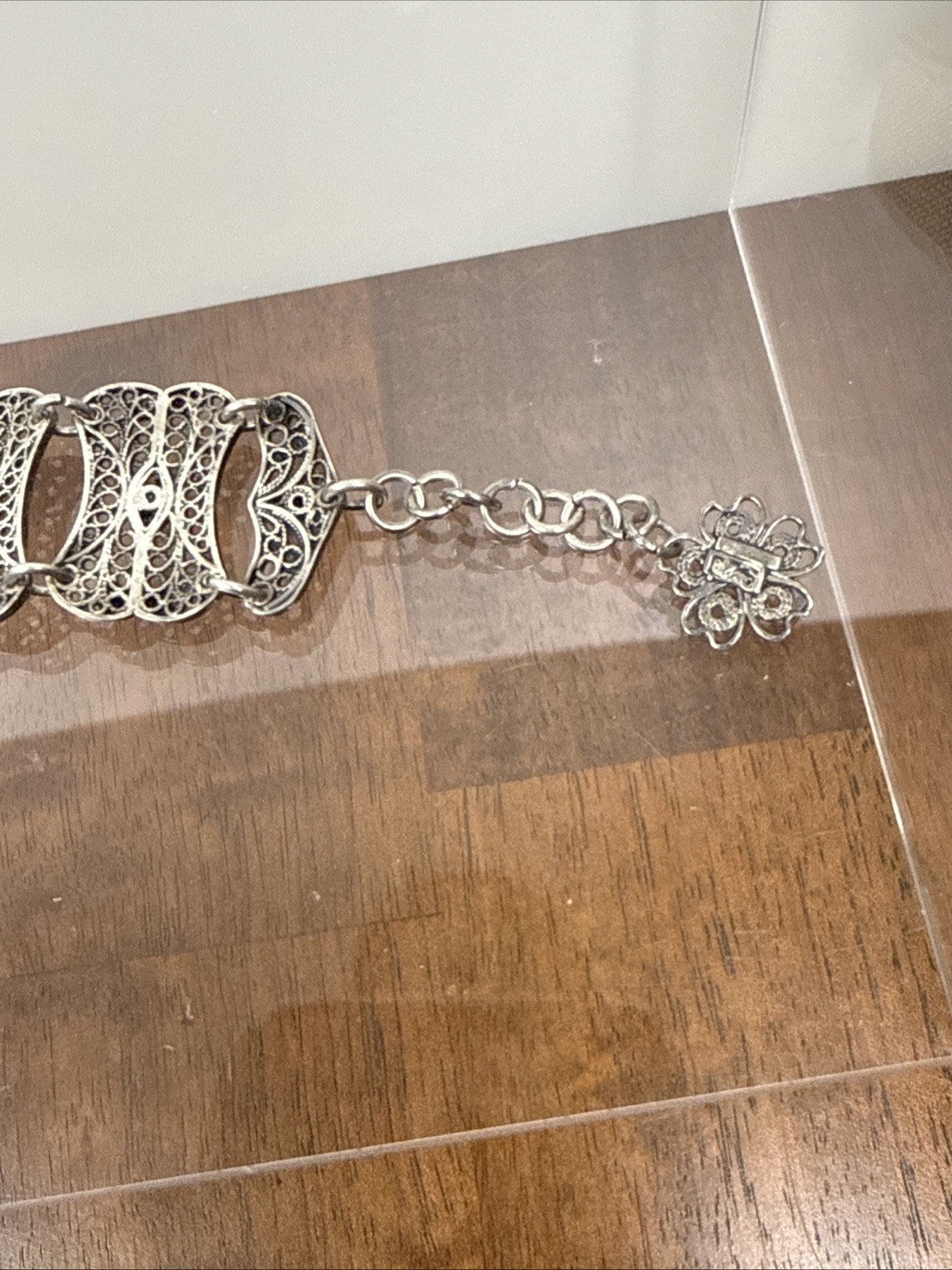 925 Silver Turkish Panel Bracelet. 7.75-8.75in Long. ~1 inch Wide. E5