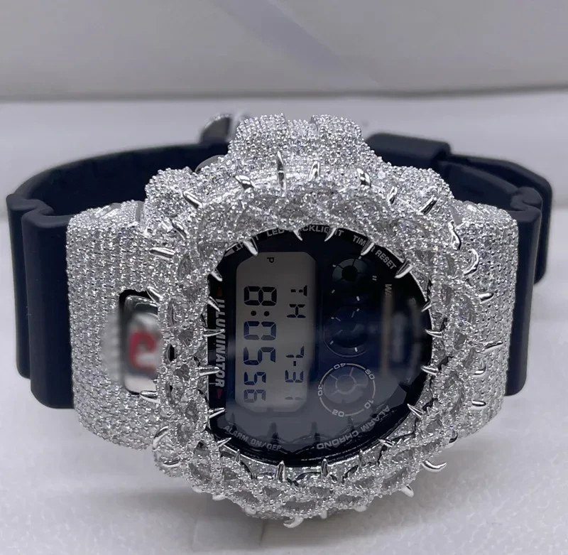 Original Casio G-Shock DW6900 925 Silver VVS Moissanite Thorn Iced Watch
