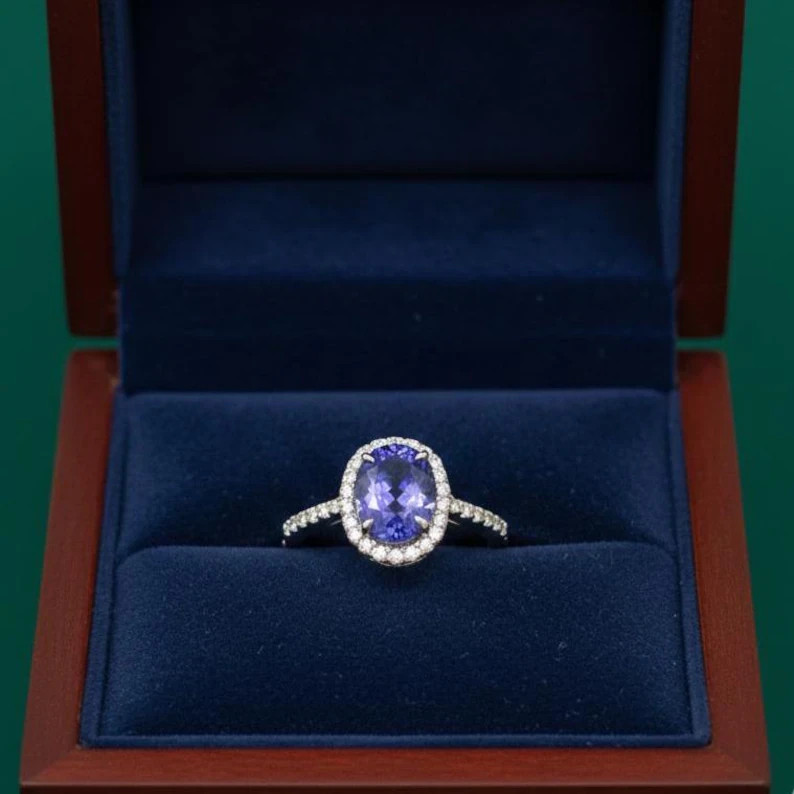 2CT Oval Natural Tanzanite & Diamond Halo Engagement Gift Wedding Ring 14k Gold