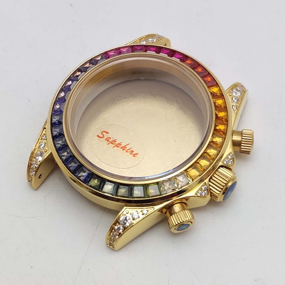 40mm Golden Diamond Inlay Watch Case Sapphire Glass for Vk63 Movement