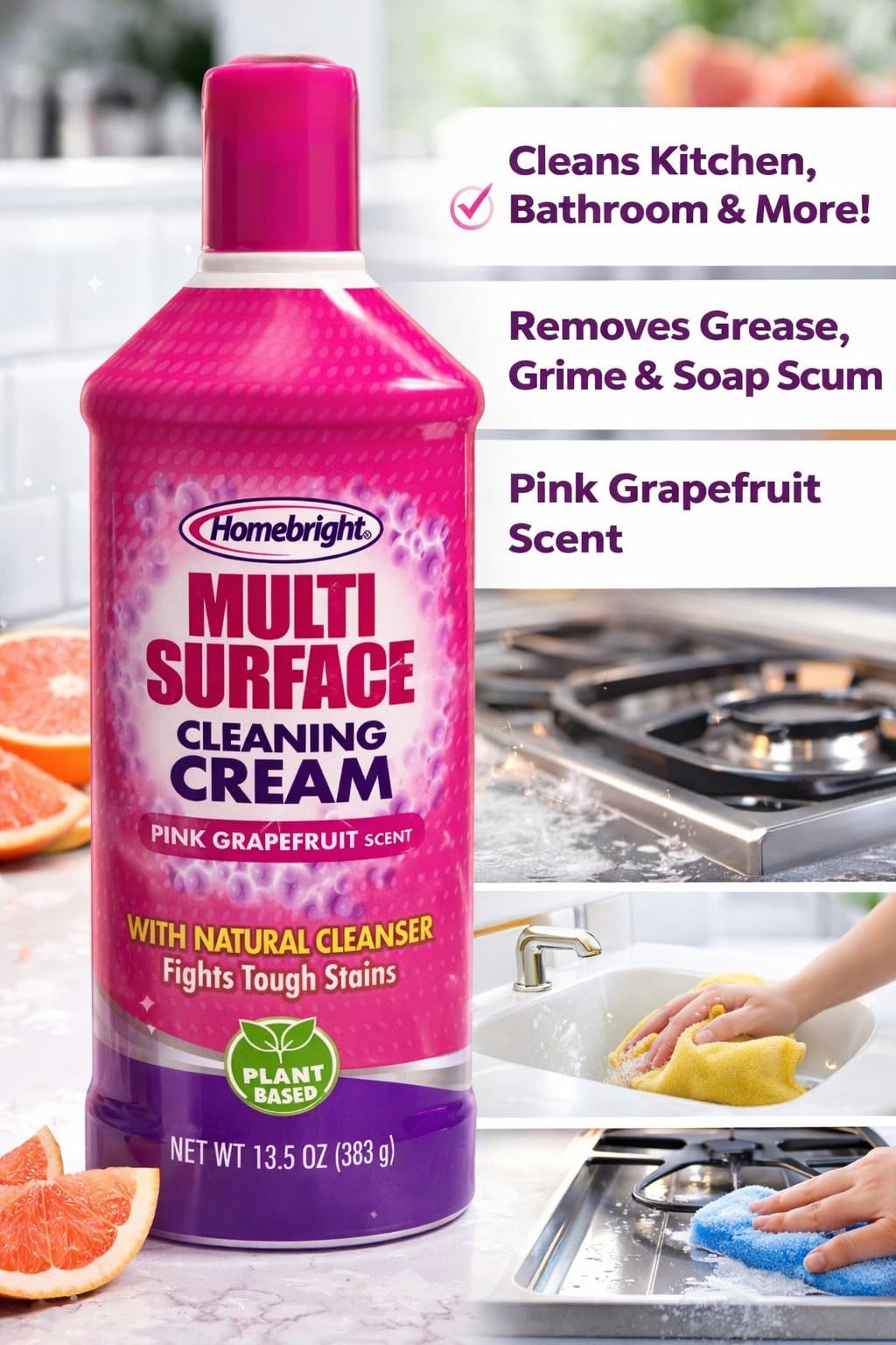 HOMEBRIGHT Multi-Surface Cleaning Cream, Pink 13.5 Fl Oz (Pack of 1)
