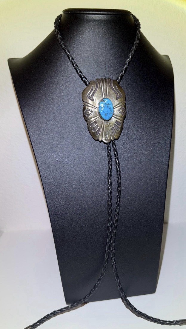 Tommy Singer Signed Navajo Sterling Turquoise Bolo Tie
