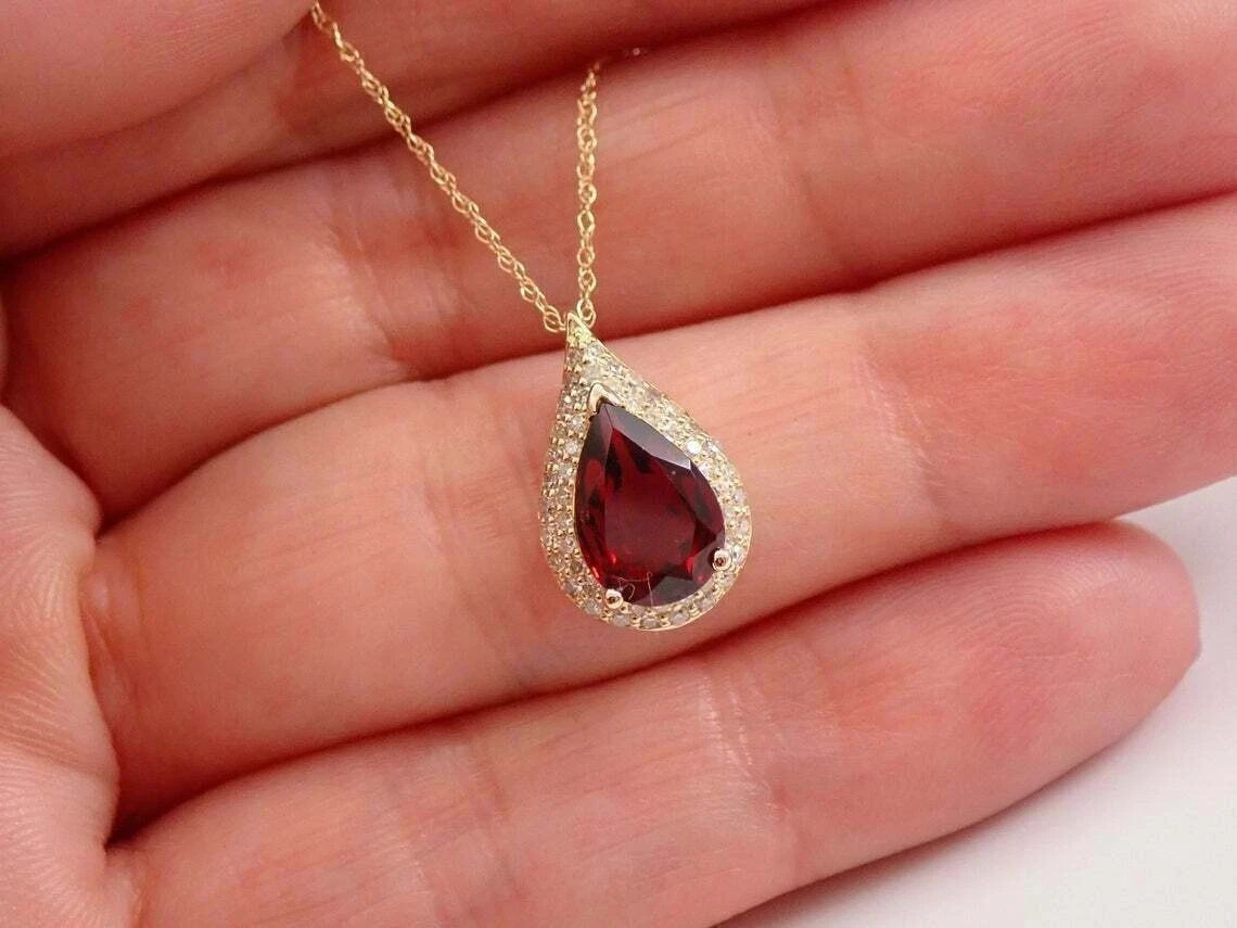 3Ct Pear Cut Red Garnet Halo Pendant 14K Yellow Gold Finish With 18″ Free Chain