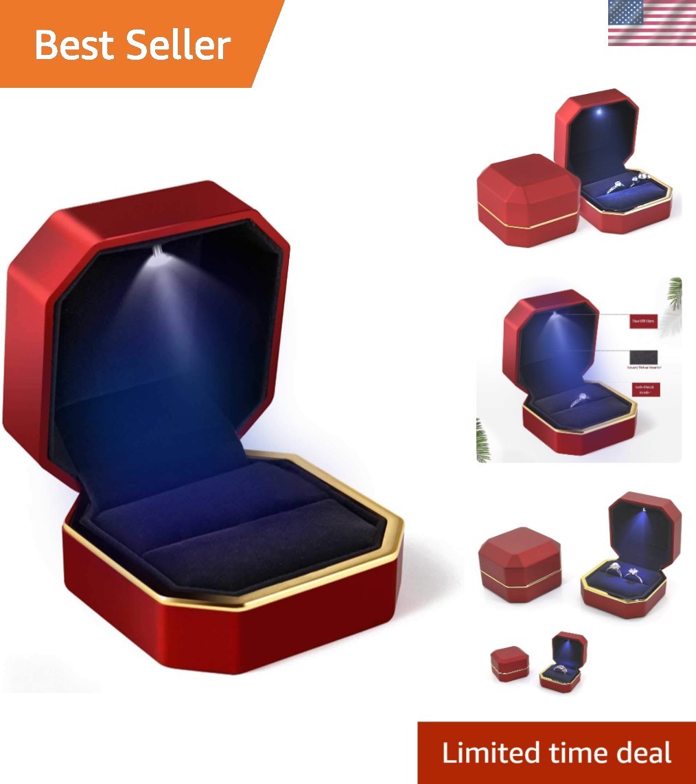 Luxurious Red Velvet Ring Box with LED Light for Engagement & Wedding Ceremonies