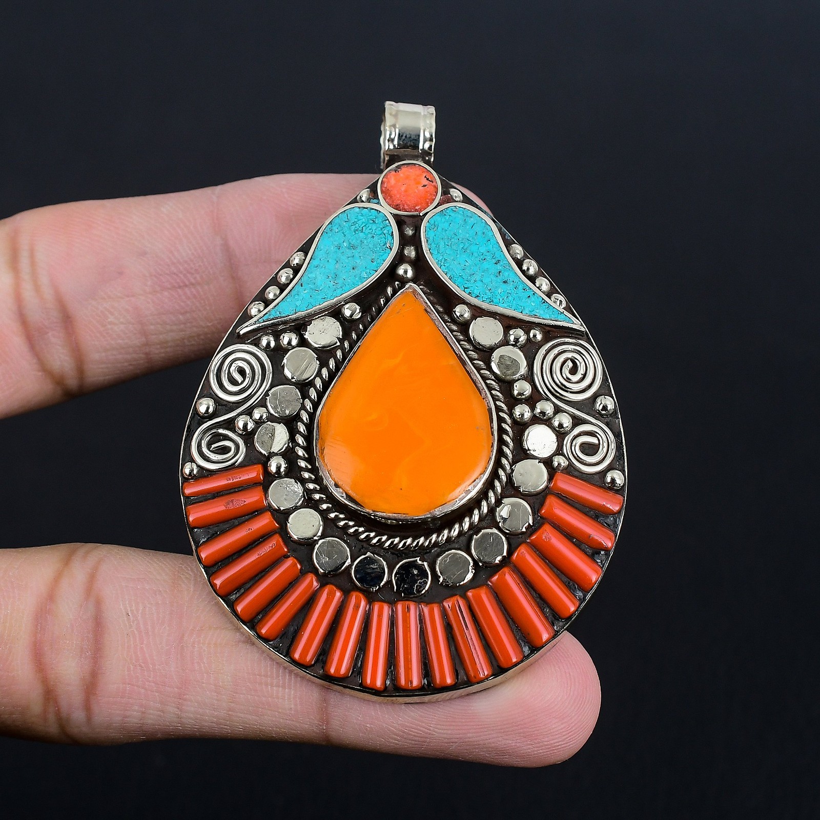 Yellow Coral Turquoise 925 Sterling Silver Handmade Tibetan Pendant 2.7″ PG 2462