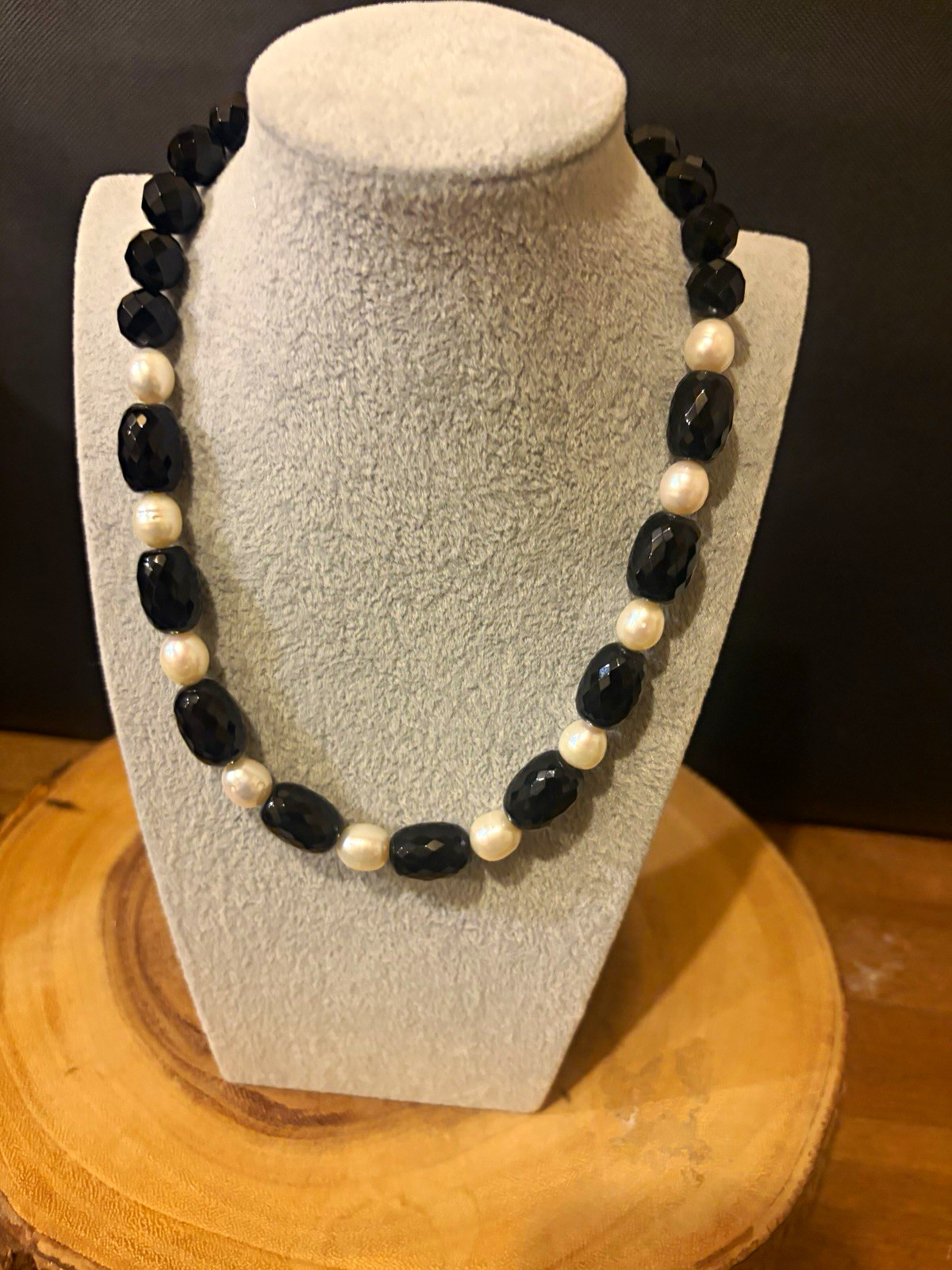 Black Onyx & White Pearl Beaded Necklace, Silver Metal, Adjustable Lobster