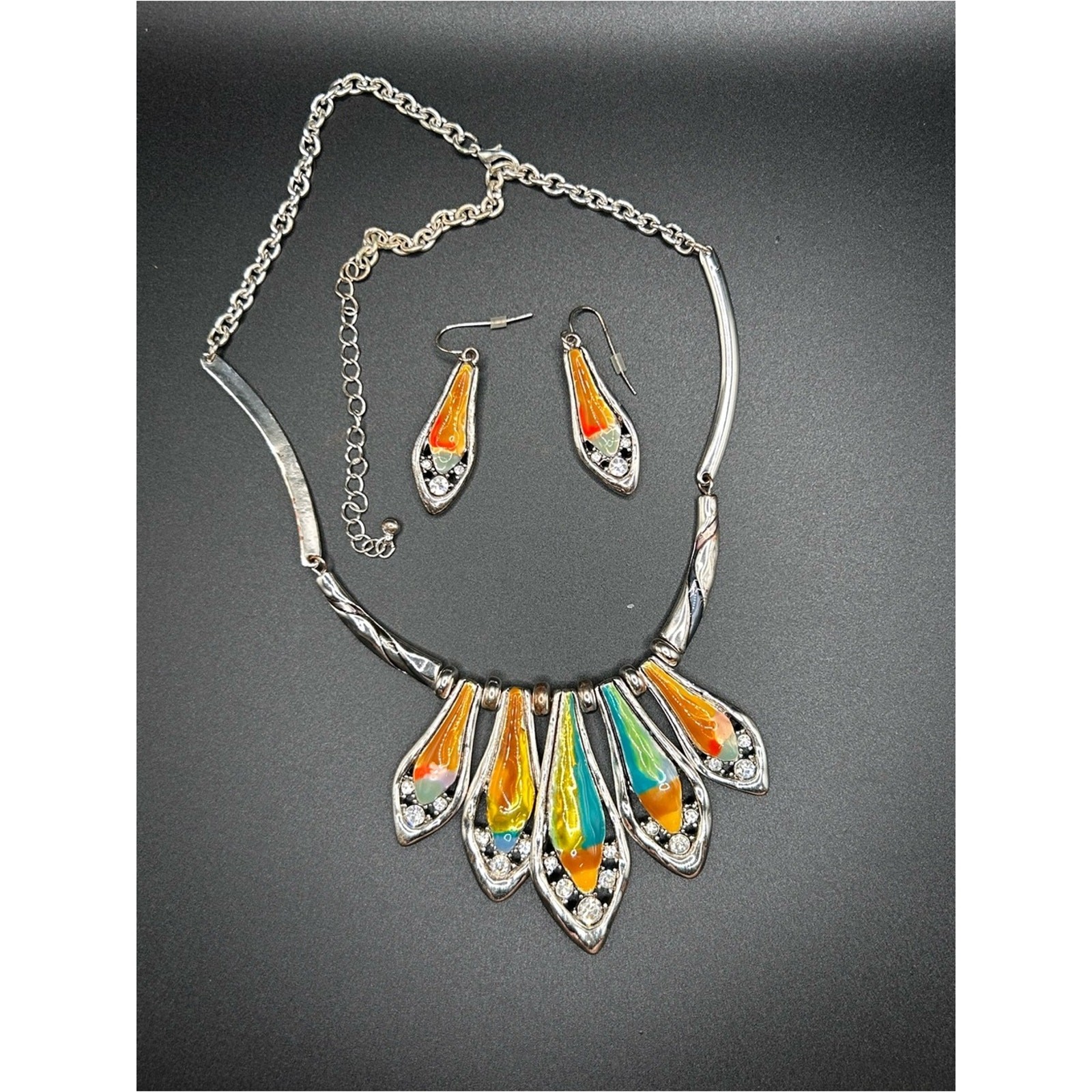Multicolor Enamel Drop Necklace & Earrings Set