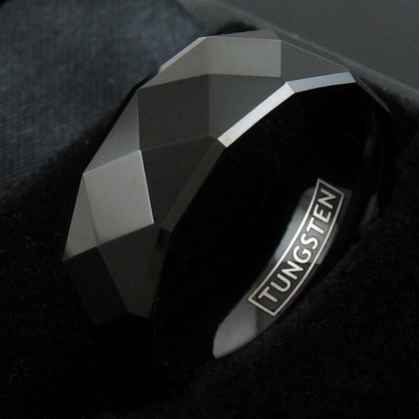 8mm Tungsten Carbide Black Multi-Faceted Wedding Band Ring Men’s Jewelry
