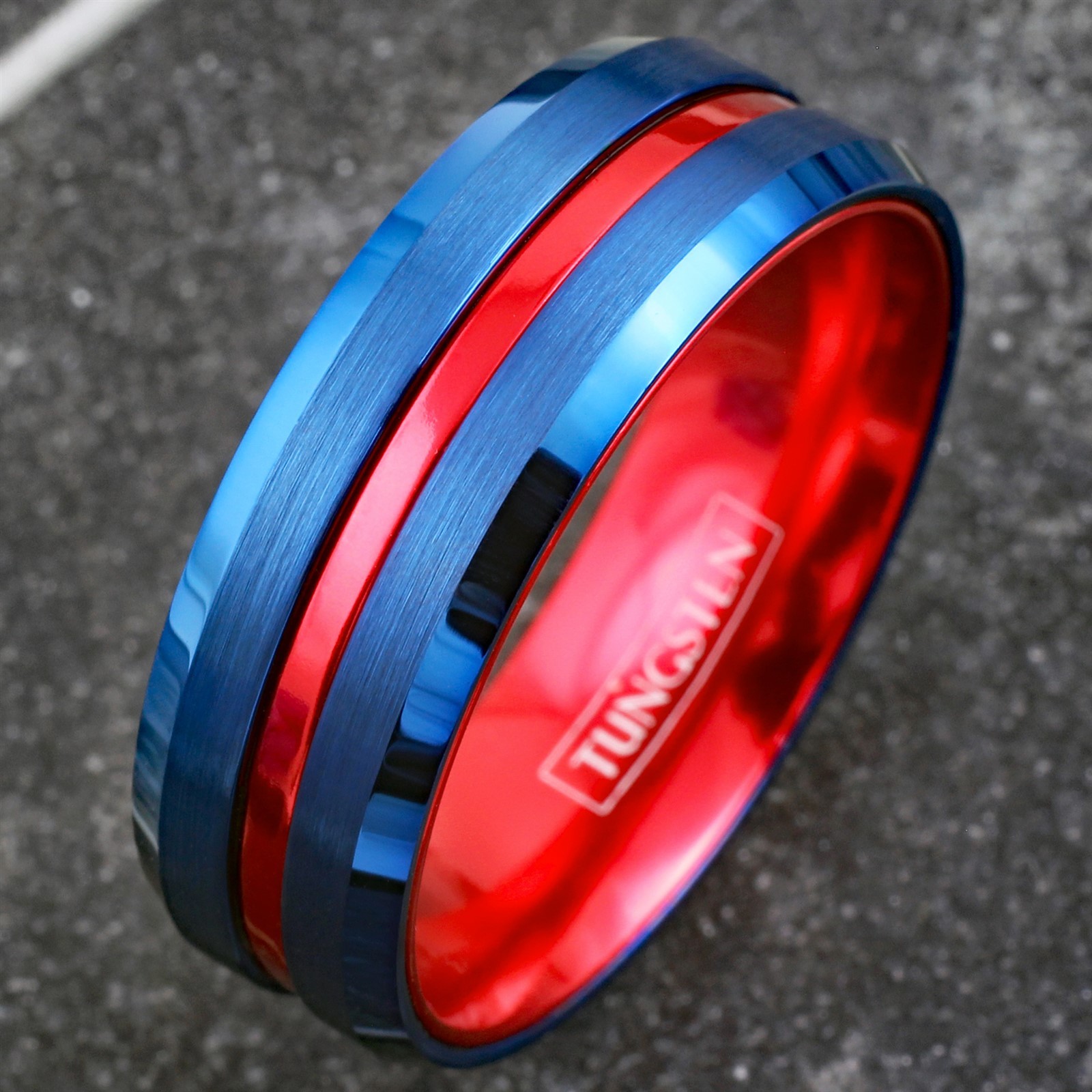 Blue Tungsten Carbide Men’s Thin Red Line Wedding Band Ring – Superhero Colors