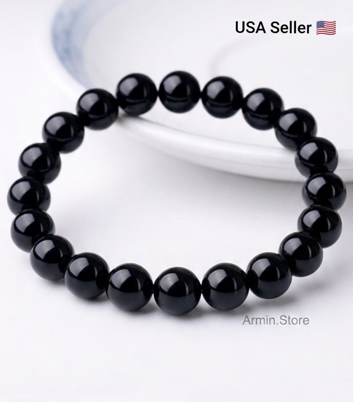 Beaded Bracelet 8mm Natural Stone Beads Men’s Gorgeous Semi-Precious Black Onyx