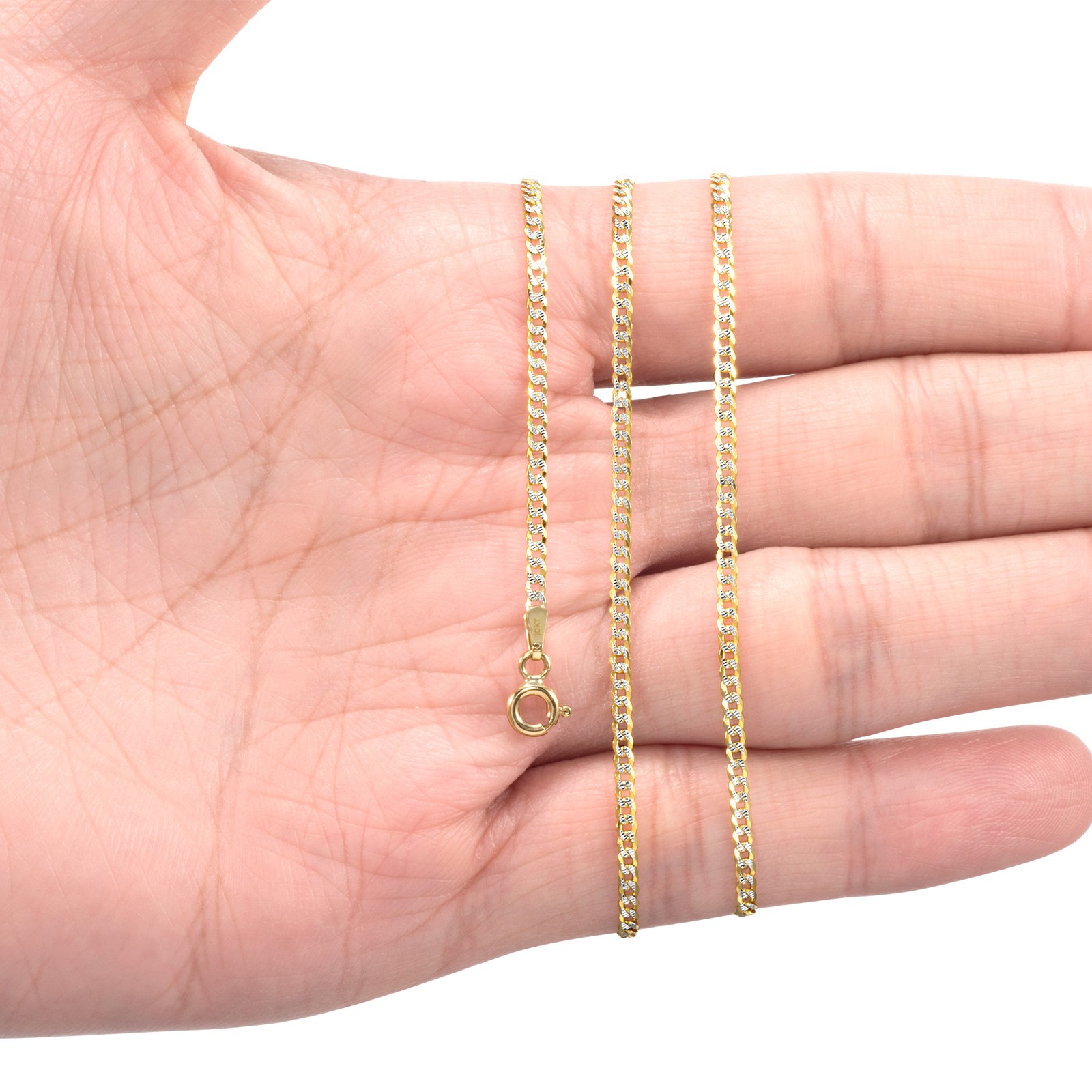 10K Solid Gold 2-12mm Diamond Cut Pave Curb Chain Cuban Necklace Bracelet 7″-30″