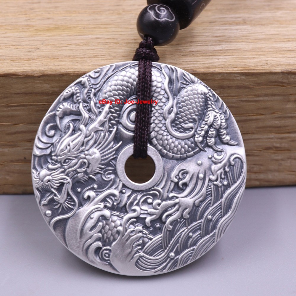 NEW Pure 999 Fine Silver Safe-Circle Pendant Dragon Pattern Amulet Pendant