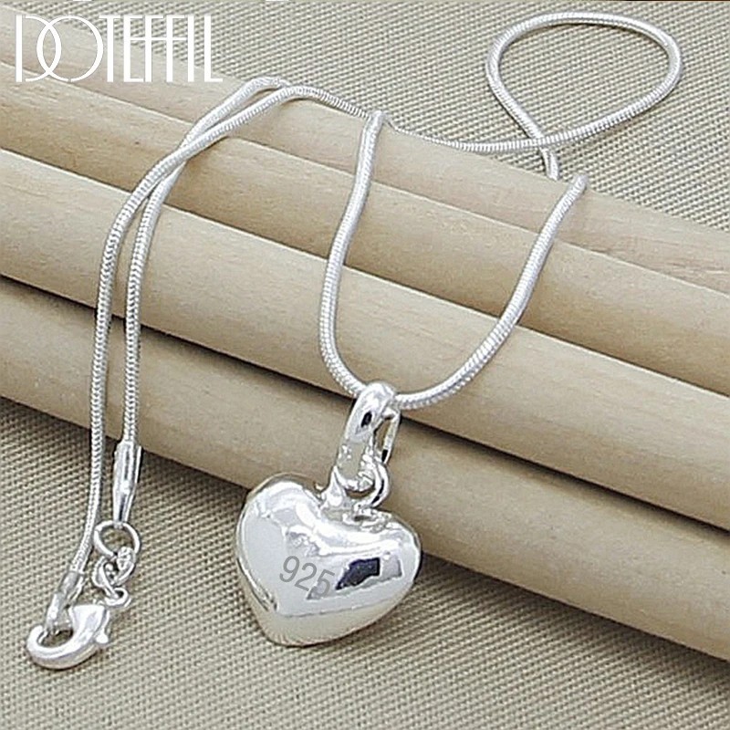 Fine 925 Sterling Silver Solid Heart Necklace Snake Chain For Women