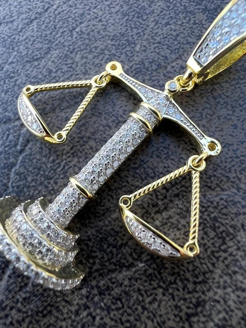 MOISSANITE Real Silver Iced Libra Balanced Scale Pendent Passes Tester yellow pl