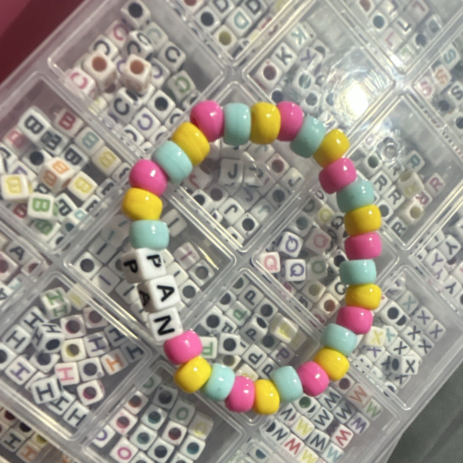 Multicolor Beaded Letter Bracelet “PAN” Adjustable Tie Cord Unisex Adults