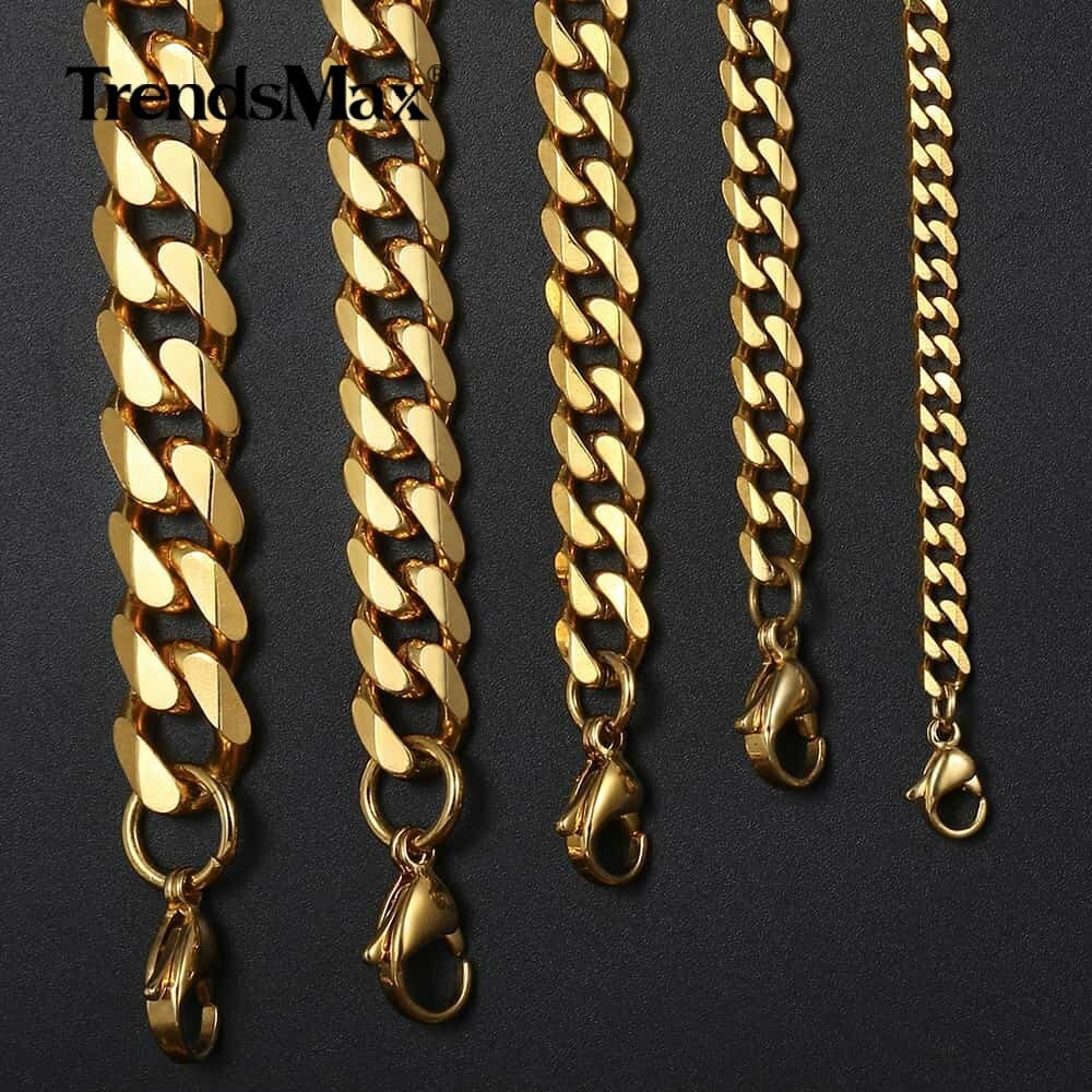 3/5/7/9/11mm Curb Cuban Chain Necklace Bracelet Gold Plated Stainless Steel Jewe