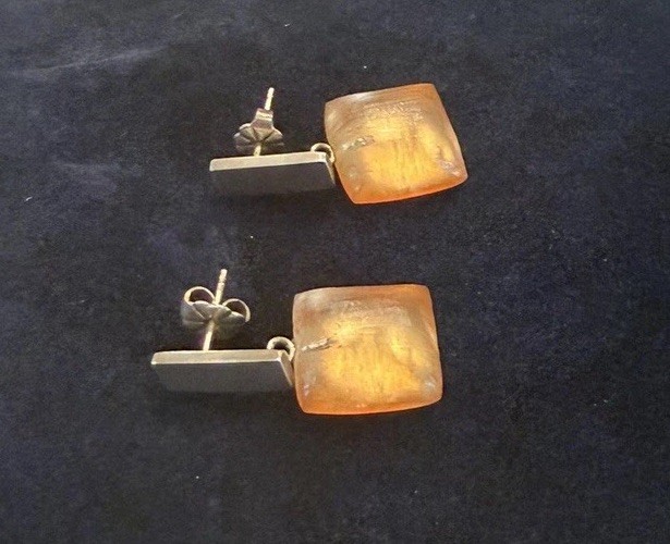 alexis bittar lucite drop earrings Post Bar Golden Peach Sterling 1” Overall