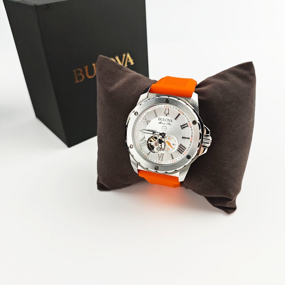 Bulova 98A226 Marine Star Silver Dial Orange Silicon Starp Men’s 45MM Watch NEW