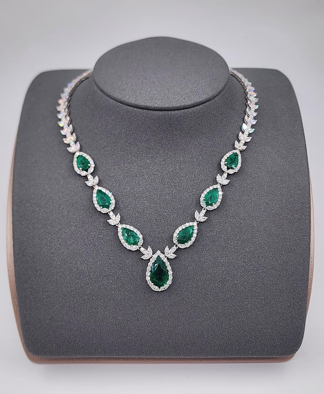 27.46 Ct GIA Certified Colombian Emerald & Diamond Necklace, 18k White Gold