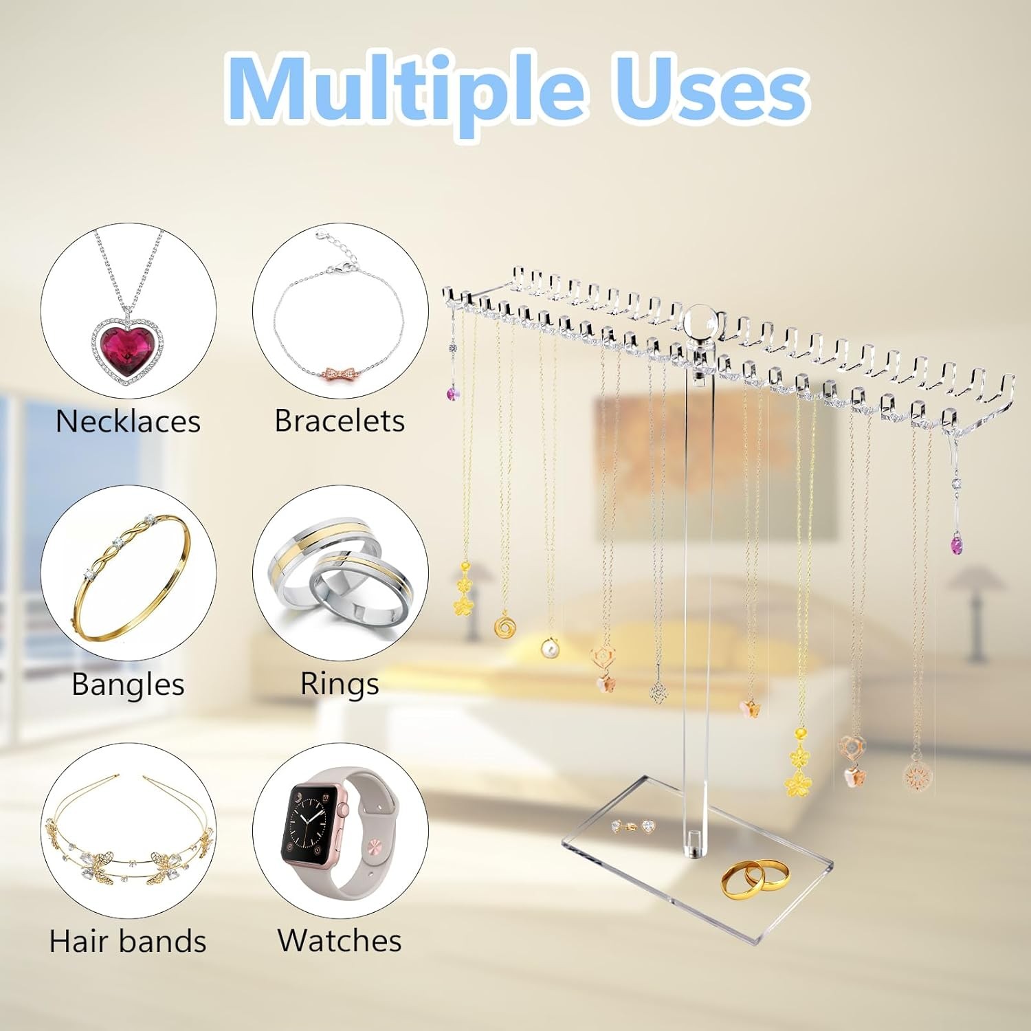 Jewelry Stand, Acrylic Necklace Holder, Clear Jewelry Organizer with Bilateral H