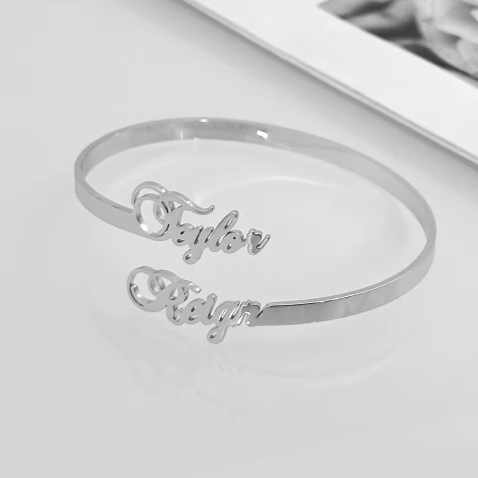 Customized Double Name Engraved Stainless Steel Bracelet Cuff Anniversary Gift