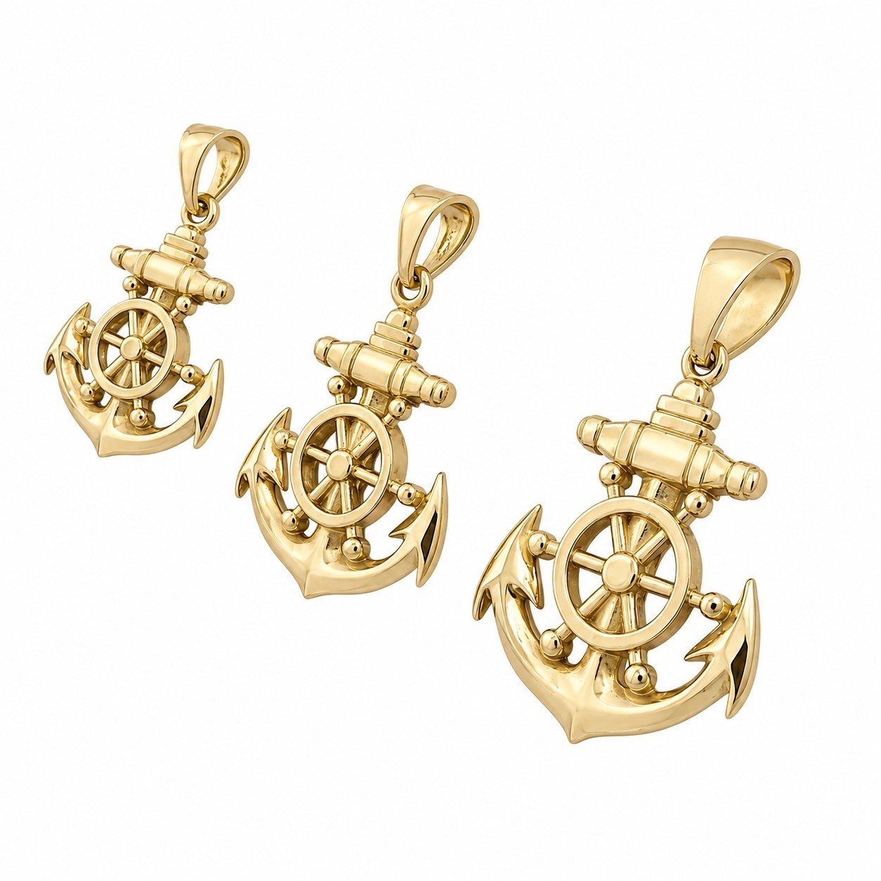 Solid 14K Yellow Gold Mens Anchor Pendant Nautical Ship Wheel Marine Charm