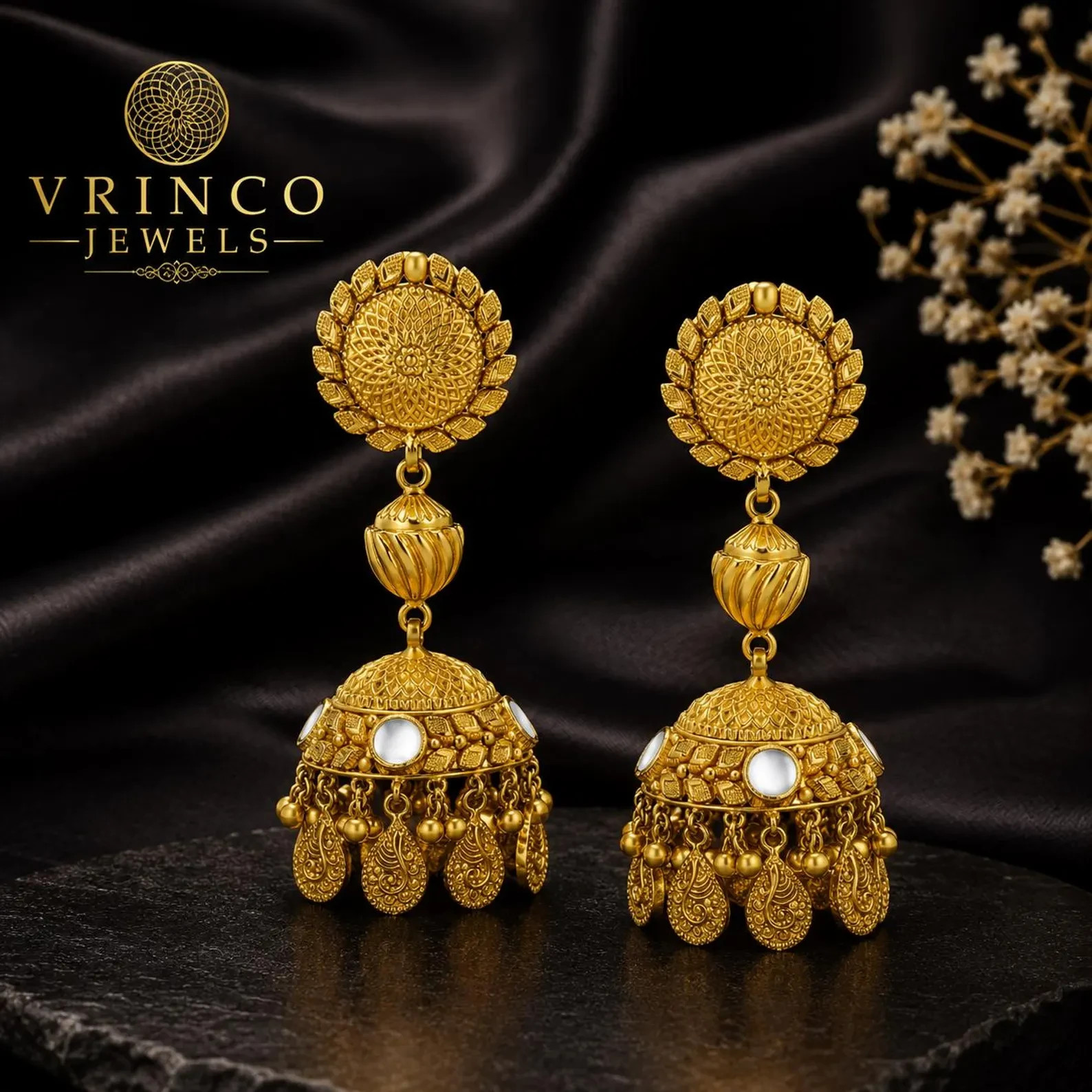 Tawny 22KT Hallmarked Yellow Gold Jhumka Earrings Traditional Long Bridal Jewelr