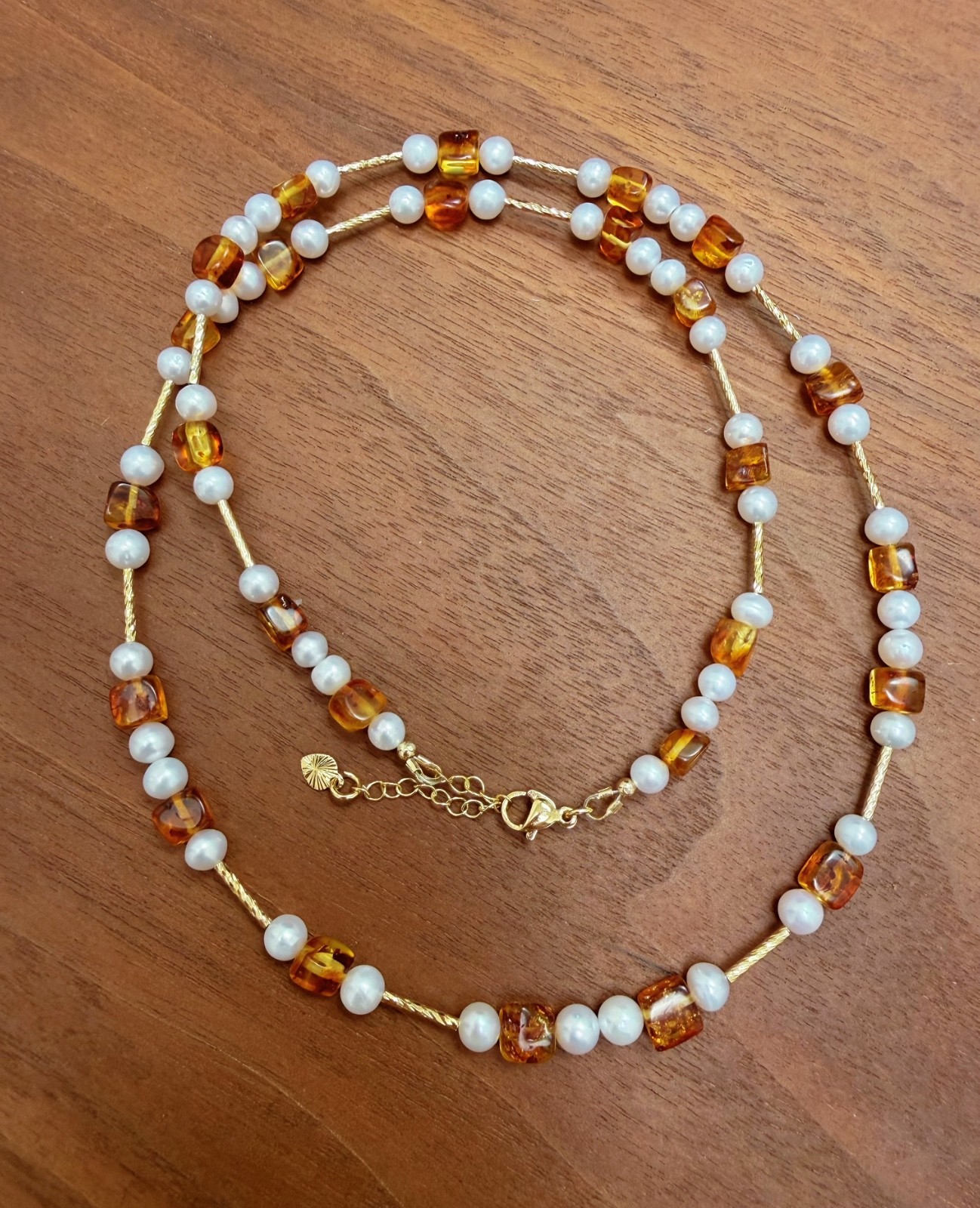 23″ inch Natural Freshwater Pearl With Honey Amber Necklace Jewelry