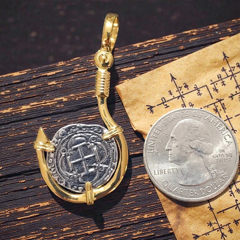 Atocha Fish Hook Silver Coin Pendant 14k Gold Overlay Shipwreck Certificate