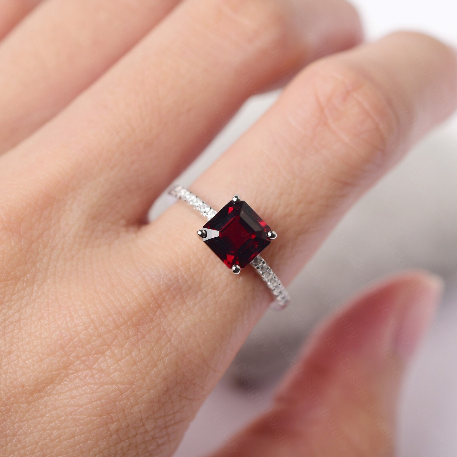 Unique Natural Garnet Ring. Garnet Wedding Ring, Asscher Cut Garnet Ring For Her