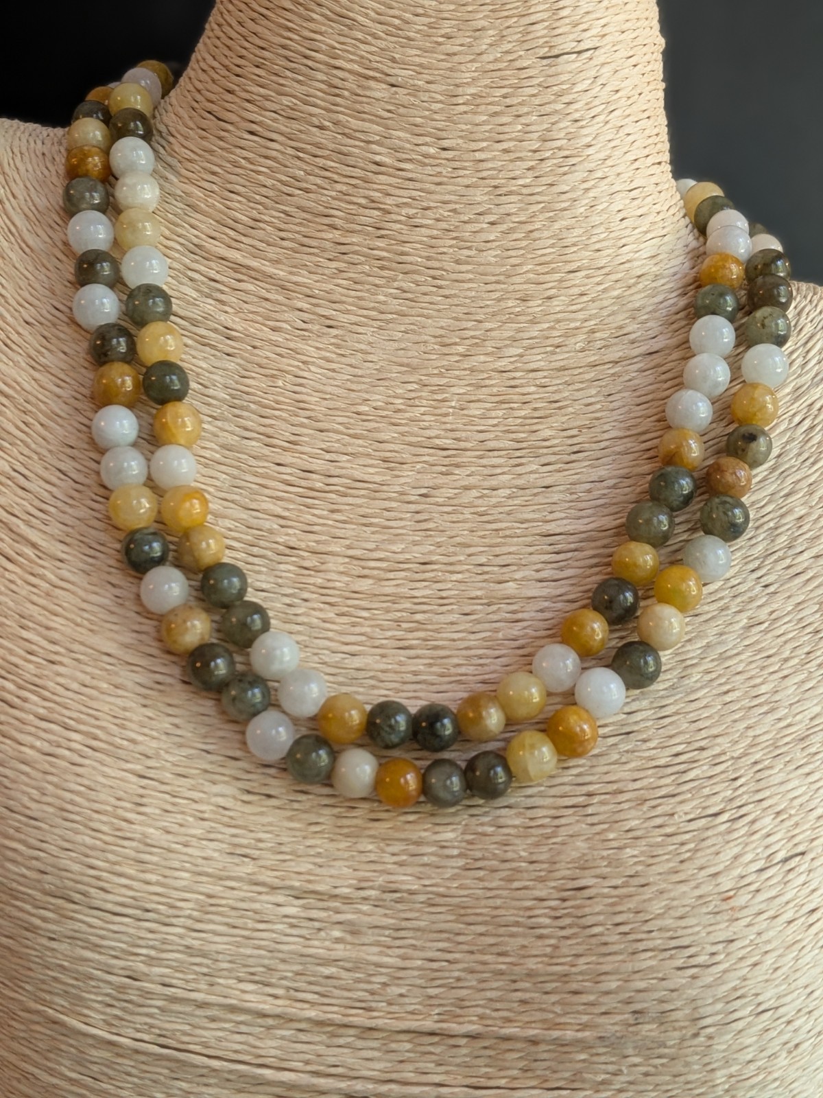 Multi-Strand Round Stone Beaded Strand Necklace Multicolor with Metal Clasp