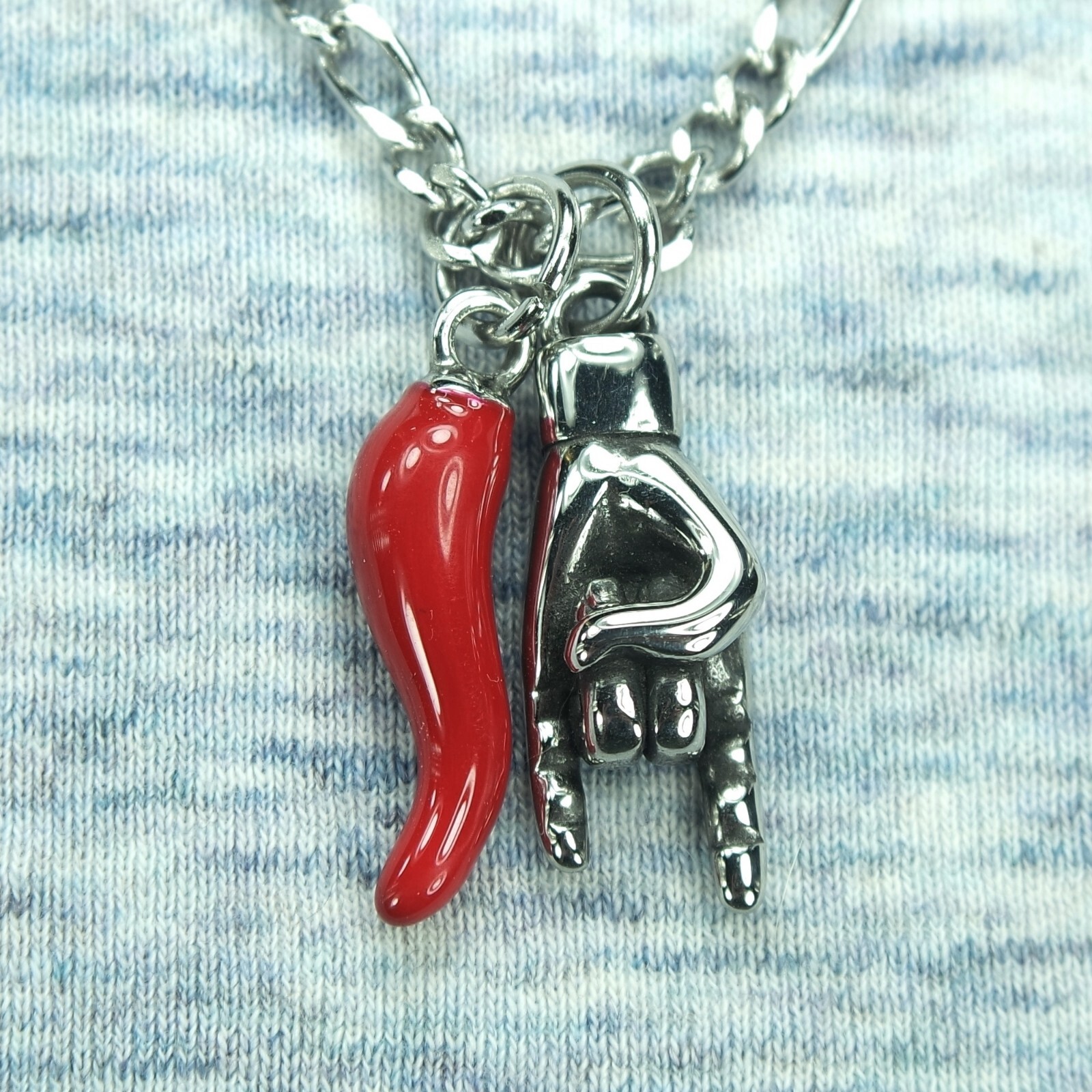 Large Red Cornicello & Mano Cornuto Necklace, Italian Hand Horn Protection Italy