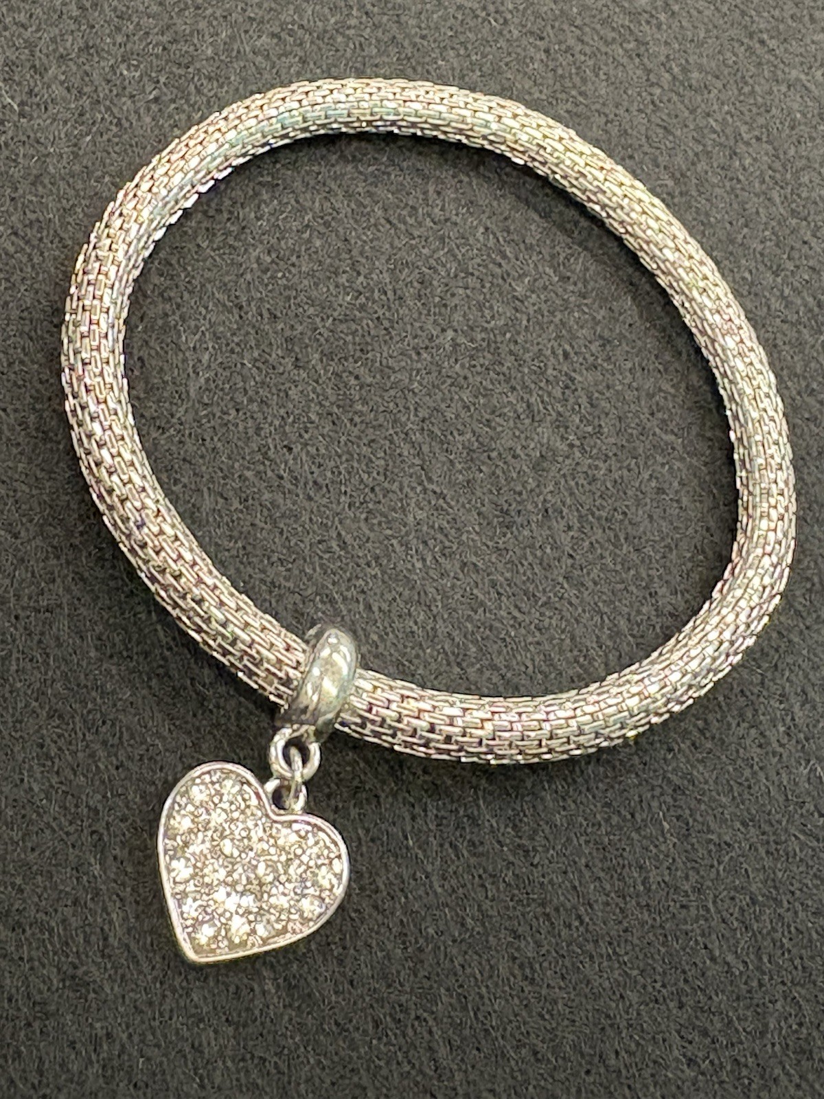 Silver Toned Mesh Bracelet With Rhinestone Heart Charm • Stretch Mesh
