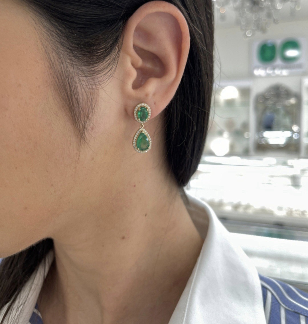 14k Solid Gold Emerald Diamond Earring Natural Zambian Emerald Gold Earrings