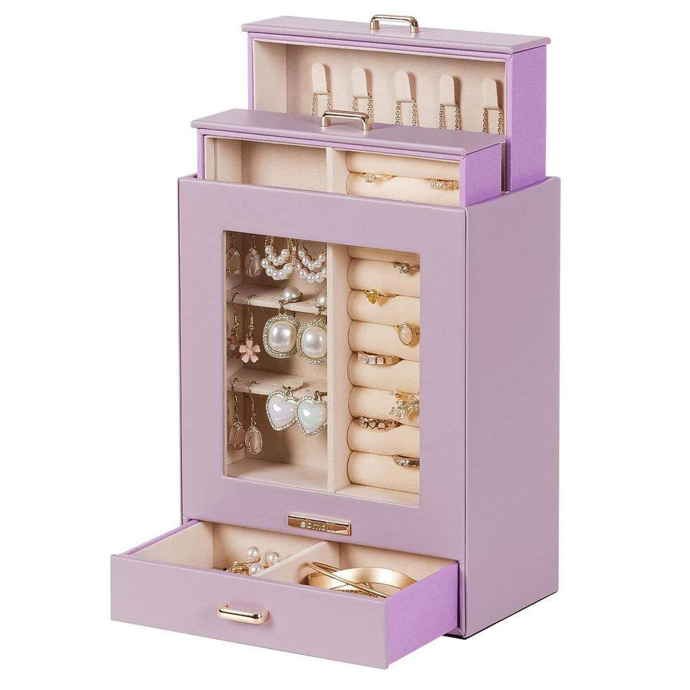 Grey Purple 7 In. X 9 In. Polyurethane Modern Jewelry Box with 3-Drawers