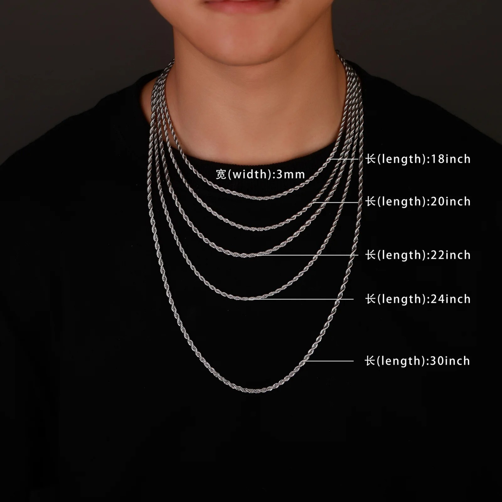 Rope Chain Necklace Silver Stainless Steel 2/3/4/5/6mm 16-30″ Mens Womens – USA