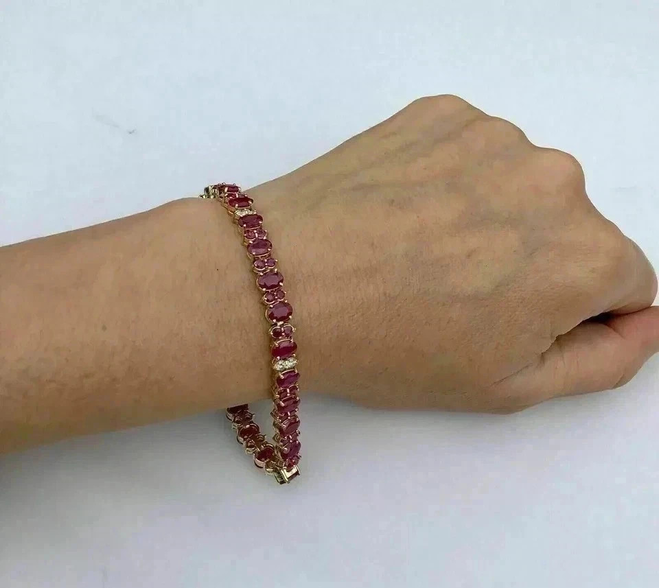 11.00Ct Oval Cut Natural Red Ruby & Diamond Tennis Bracelet 14K Yellow Gold 7″