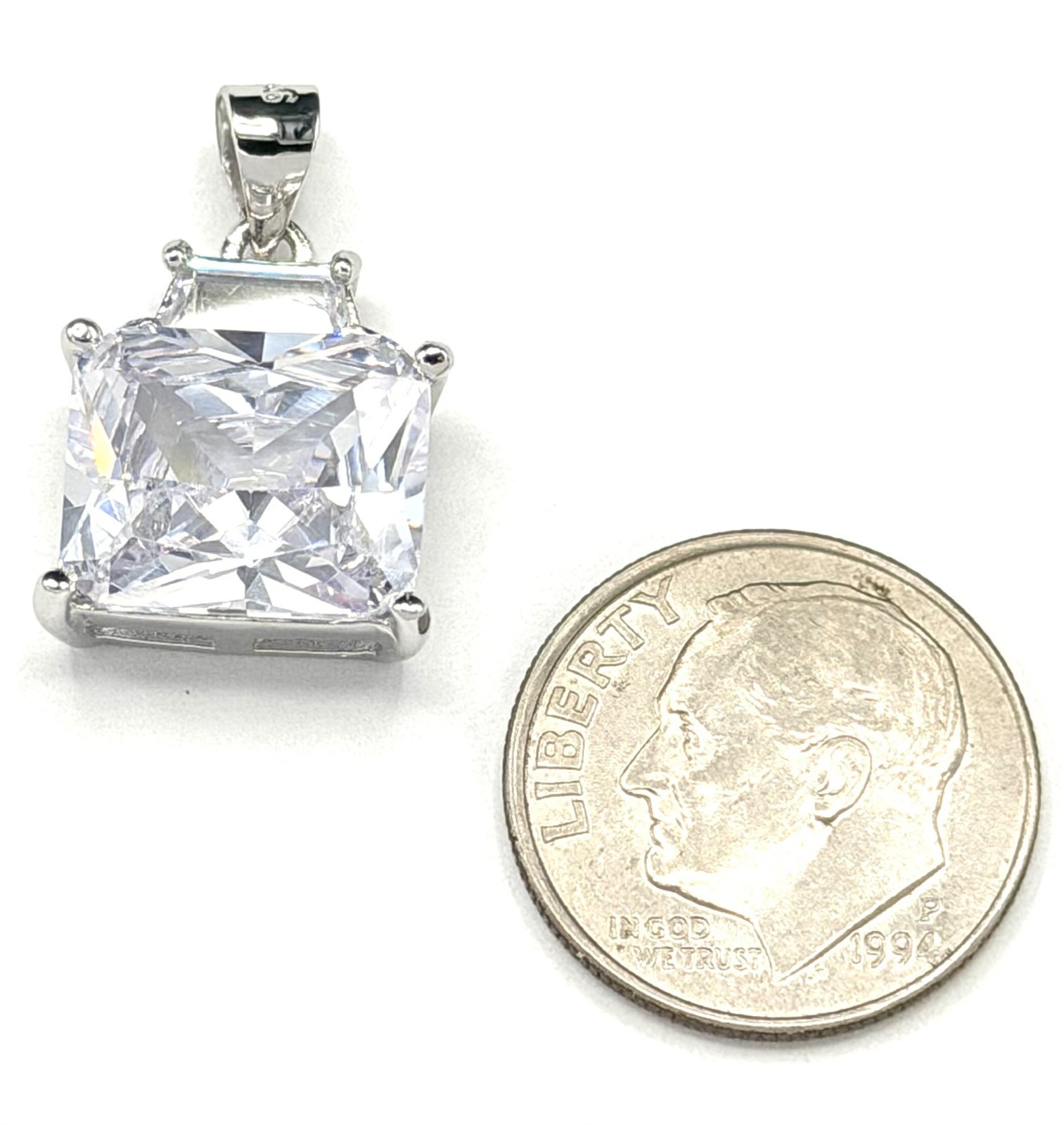 Sterling Silver Princess Cut Clear CZ Square Pendant 0.75″ 4g NWT Gift Box