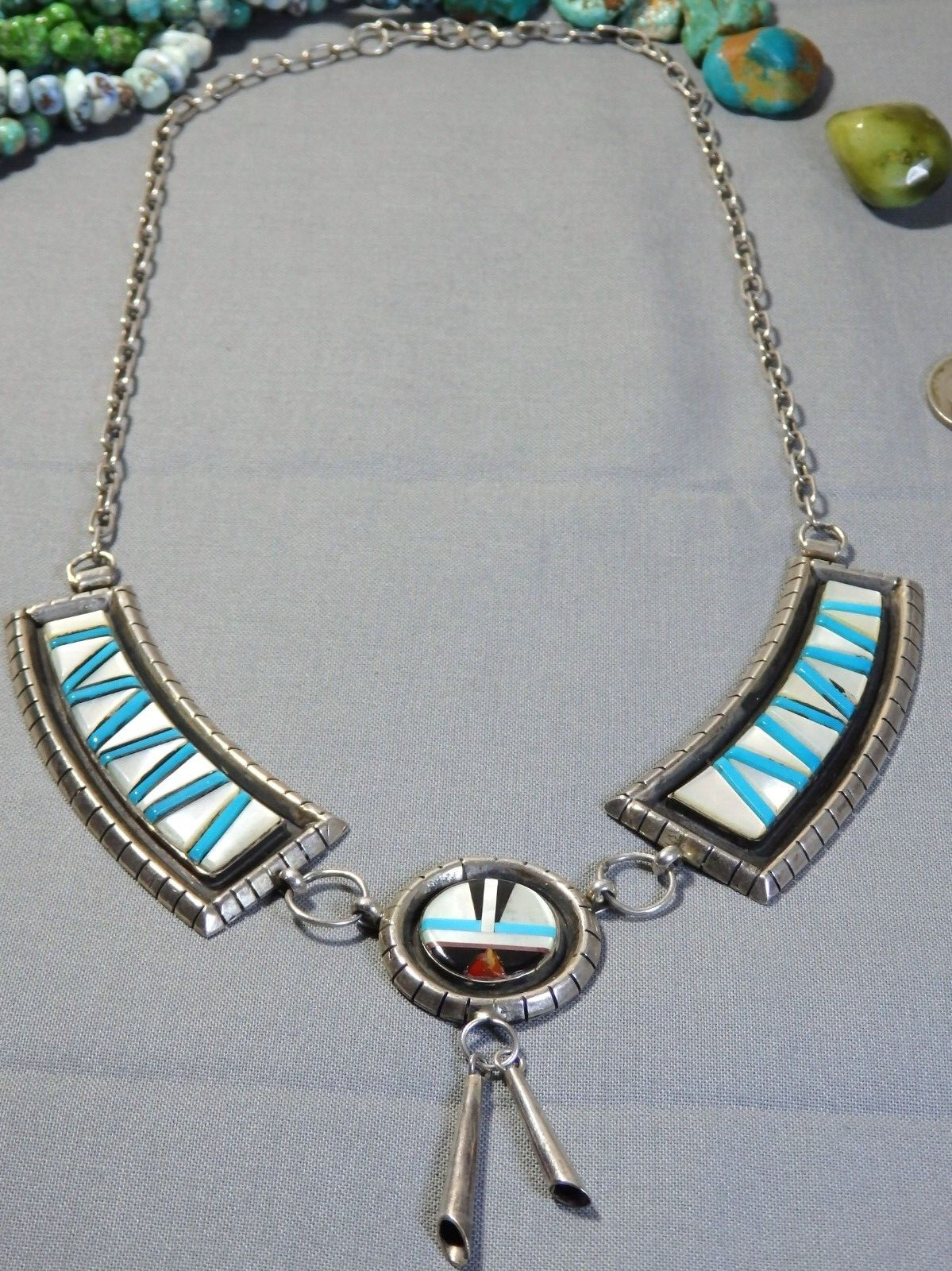 ZUNI Sleeping Beauty TURQUOISE ++ Sterling Silver SUNFACE 21″ Necklace