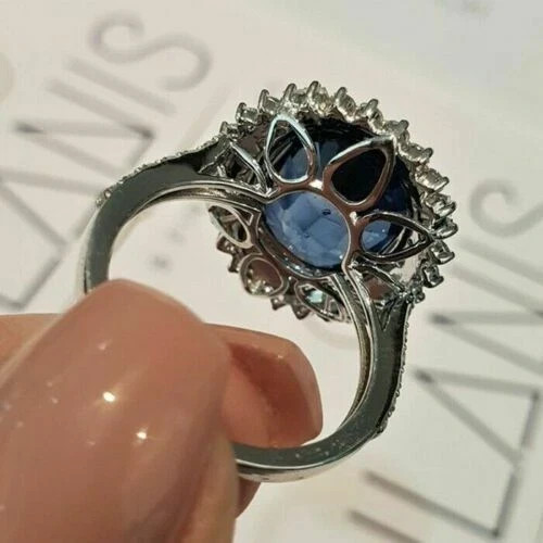 Lab Created 4CT Oval Blue Sapphire Halo Engagement Ring 14K White Gold Plated